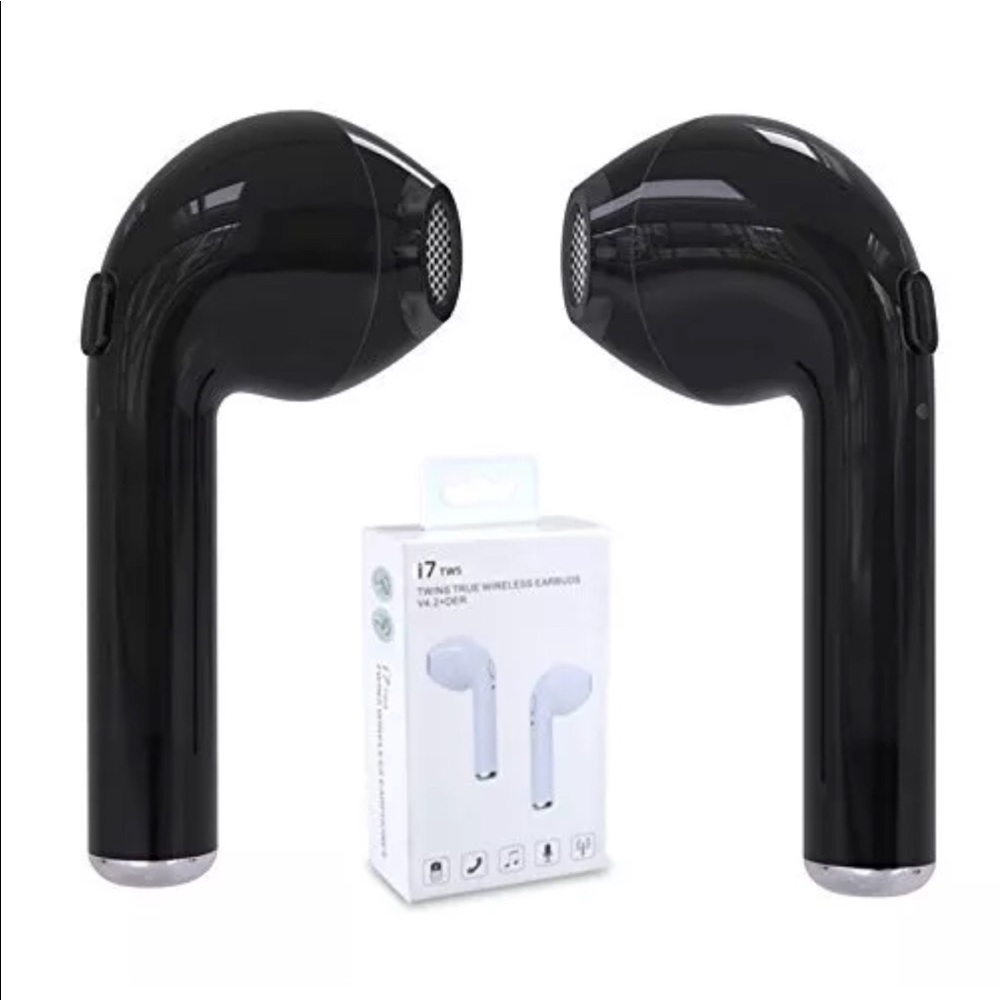 Black wireless Bluetooth headphones in ear buds